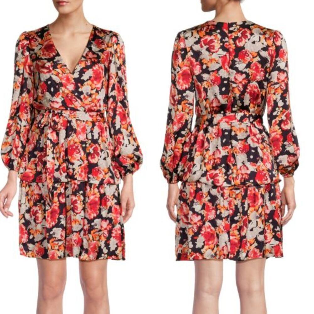 Julia Jordan Belted Faux Wrap Mini Dress Ballon Sleeve Party Floral Cocktail 6